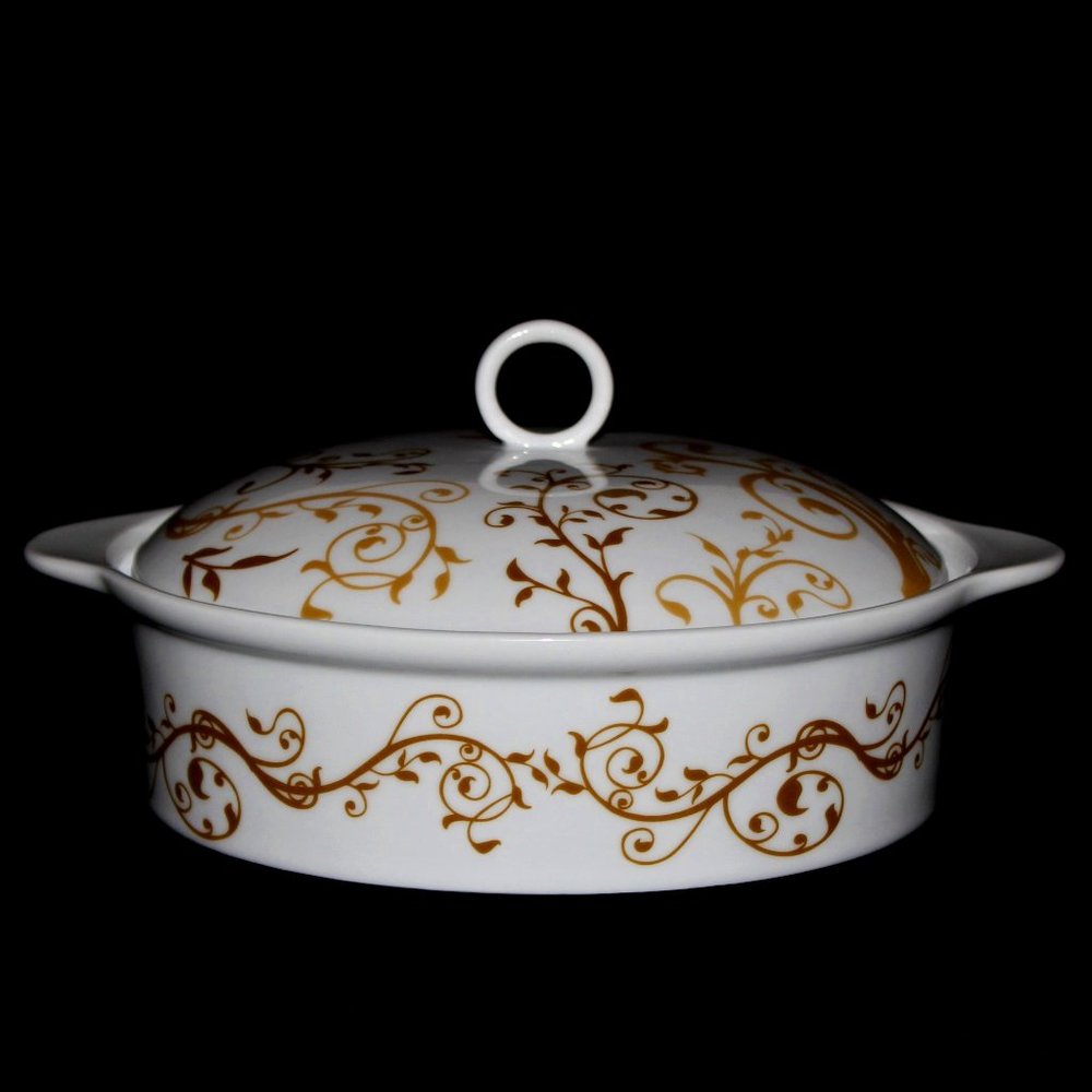Vintage Orange Crate Vegetable Bowl | White Lidded Bowl With Gold Scrollwork
